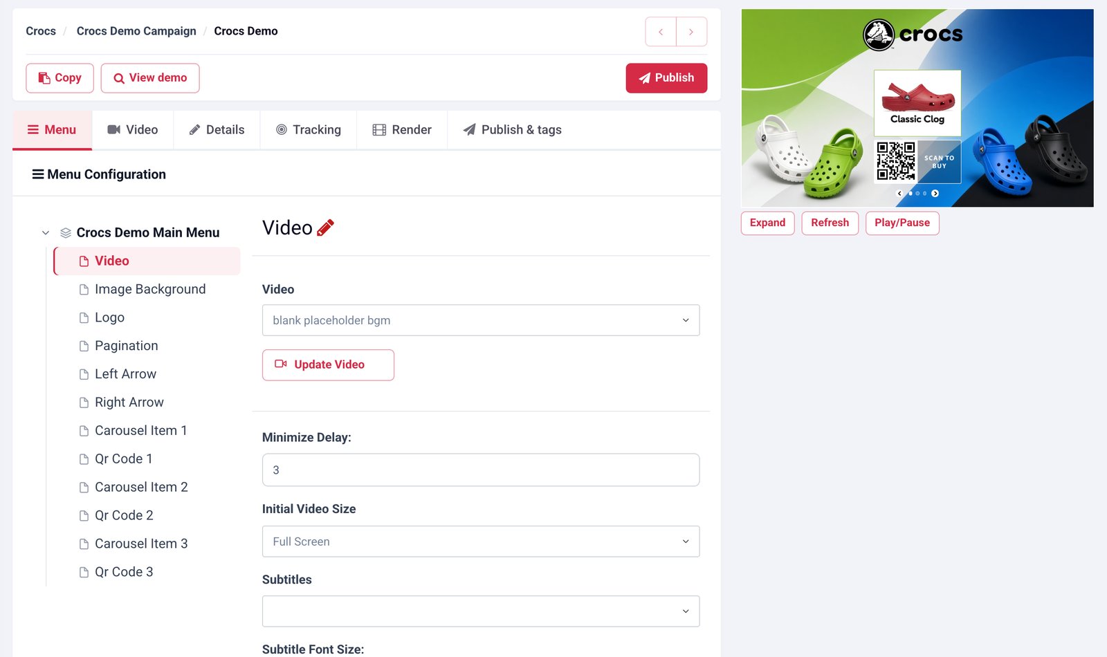 The StormMaker creative editor, with the menu tree, element settings and a live preview