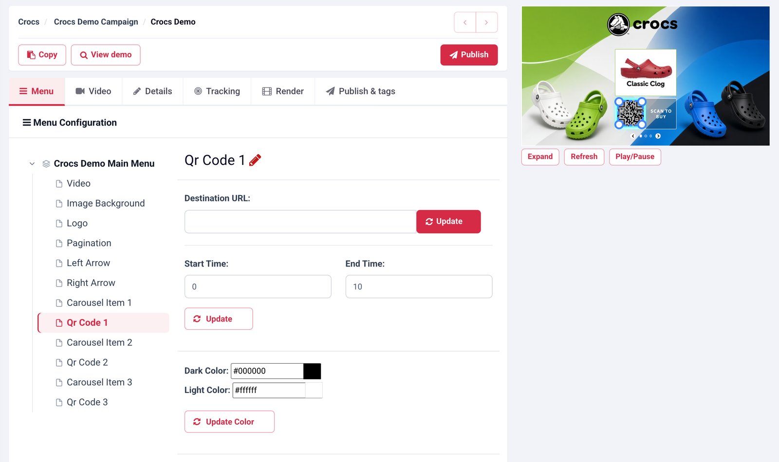 Editing a QR code in StormMaker: destination URL, start and end time, and colors