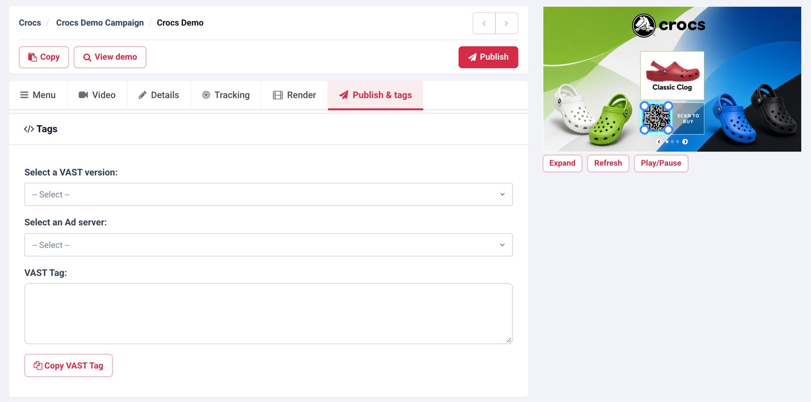 StormMaker’s Publish & tags screen, with VAST version and ad server selection